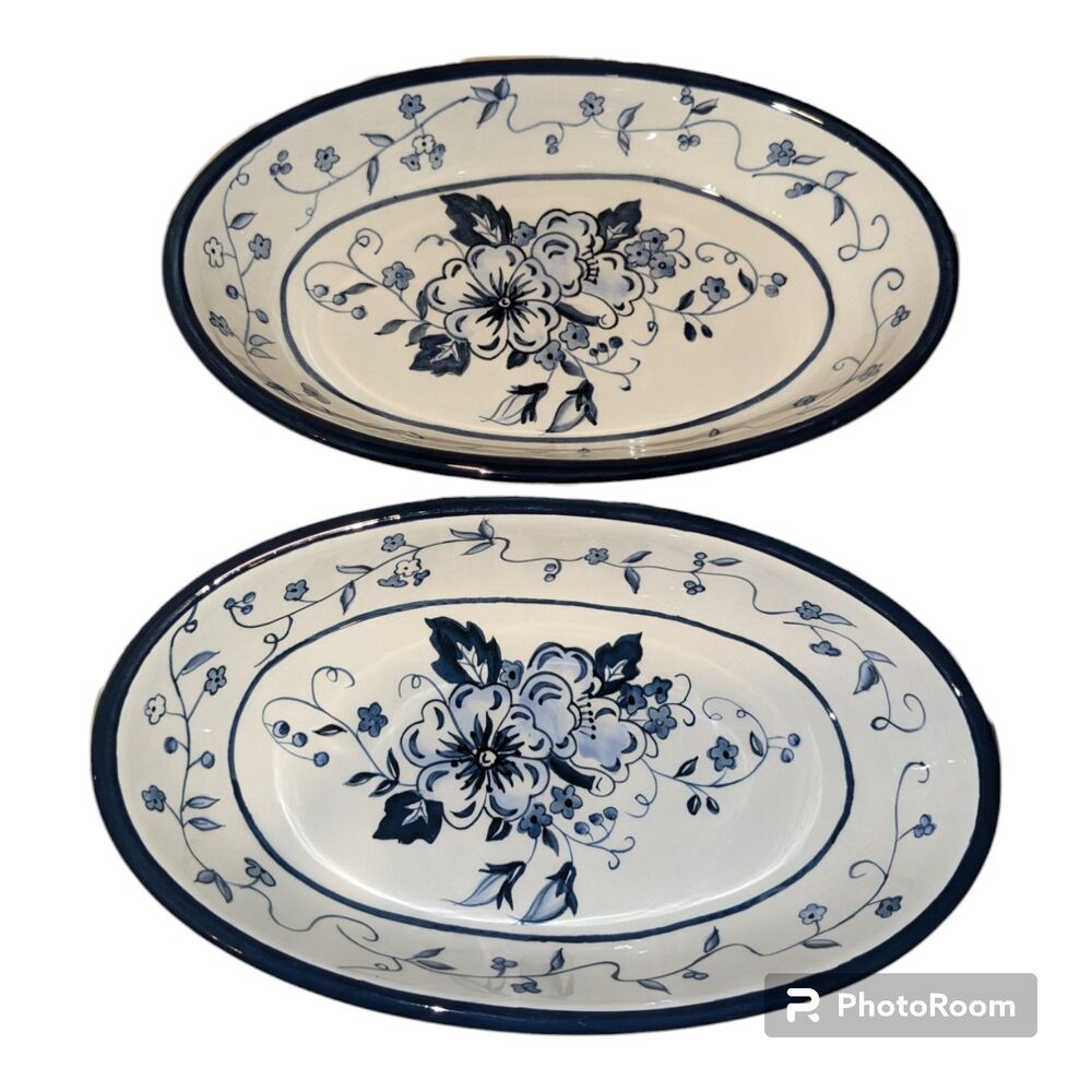 Lang Serving Bowls Earthenware Floral Blues Oval  set of 2 Blue white 9.75"L